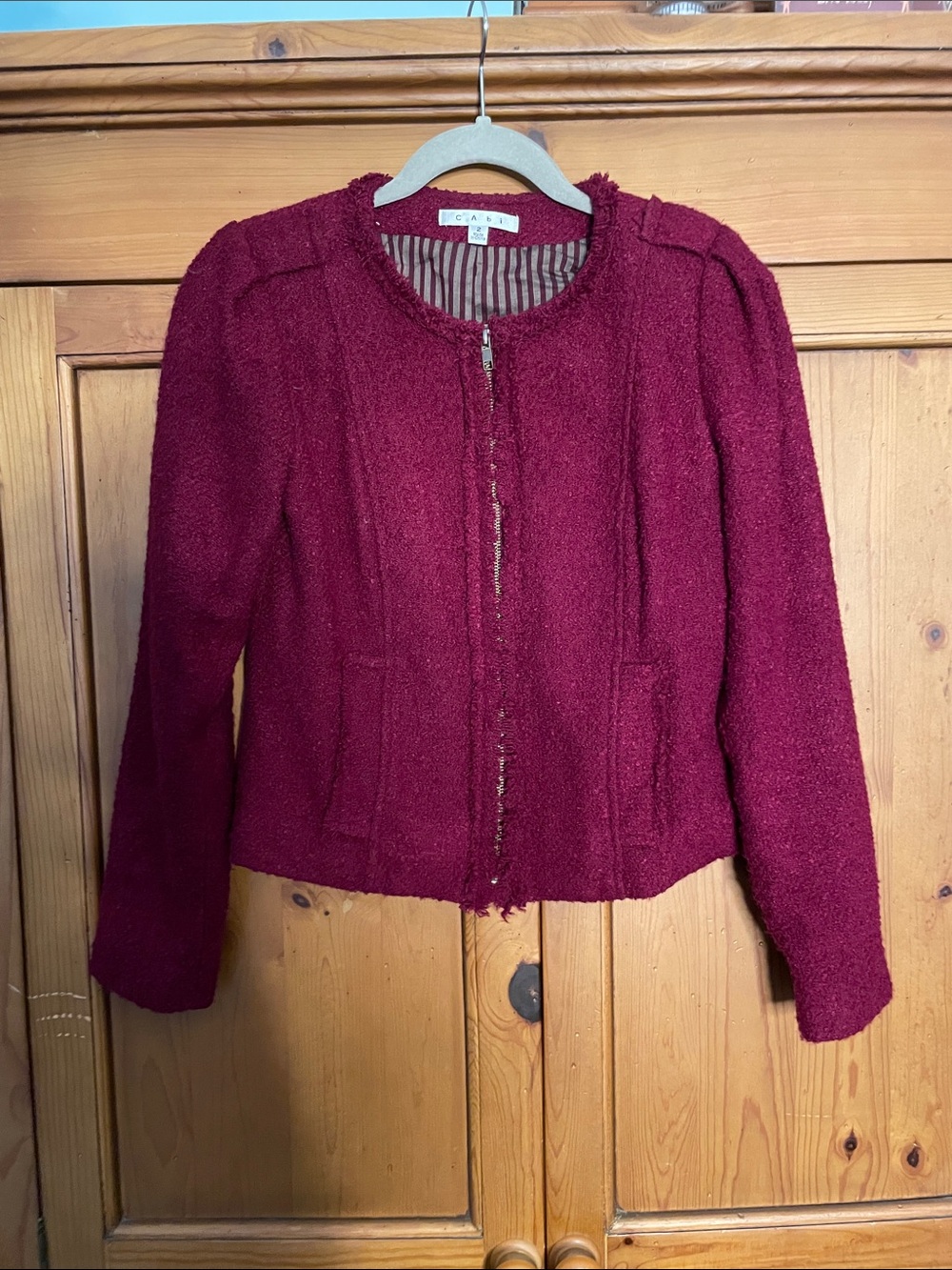 CAbi Burgundy Bouclé Zip Blazer